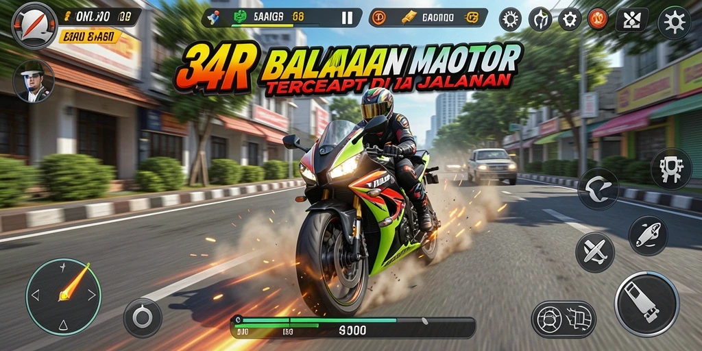 Screenshot permainan 34R yang menunjukkan aksi balapan motor yang mendebarkan.