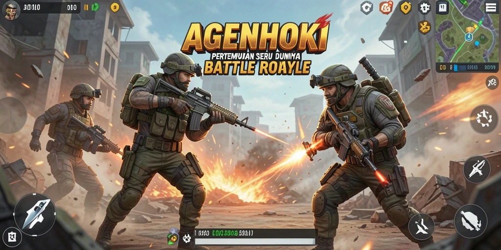 Screenshot AGENHOKI menampilkan pertempuran intens dalam game Battle Royale.