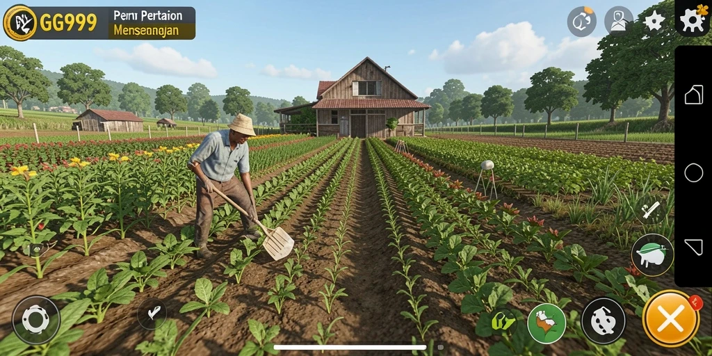 Screenshot gameplay GG999 menampilkan kebun yang hijau dan hewan peliharaan.