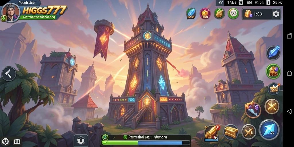Tampilkan gameplay HIGGS777 dengan menara yang berfungsi melawan serangan musuh.