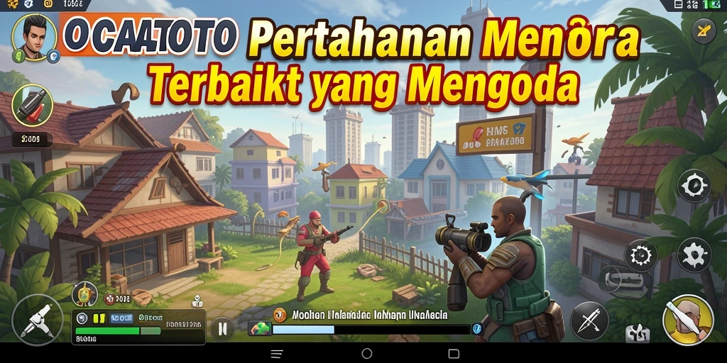 Screenshot OCATOTO yang menunjukkan aksi pertahanan menara yang seru.